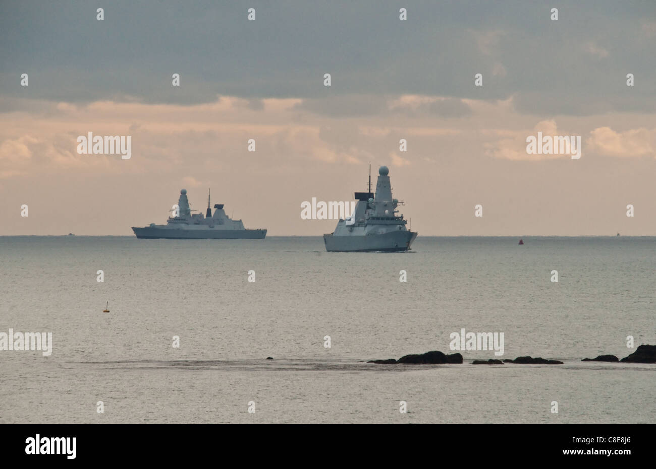 Two Daring Class Royal Navy destroyers in Plymouth Sound. Stock Photo