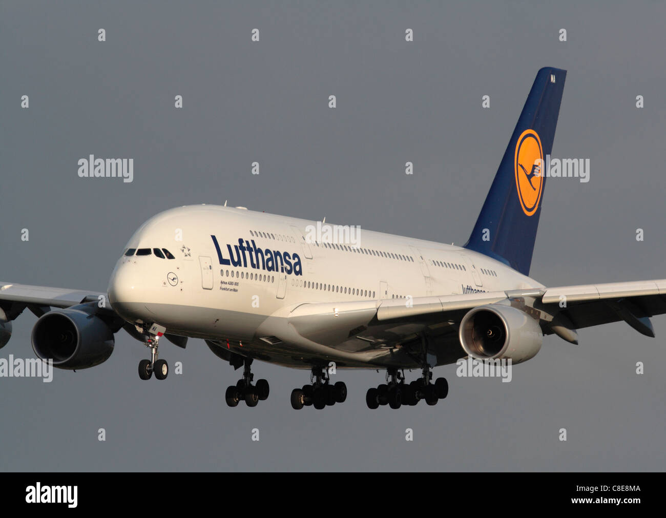 Lufthansa Airbus A380 double-decker widebody passenger jet plane, often called the Superjumbo, on final approach. Modern long haul air travel. Stock Photo