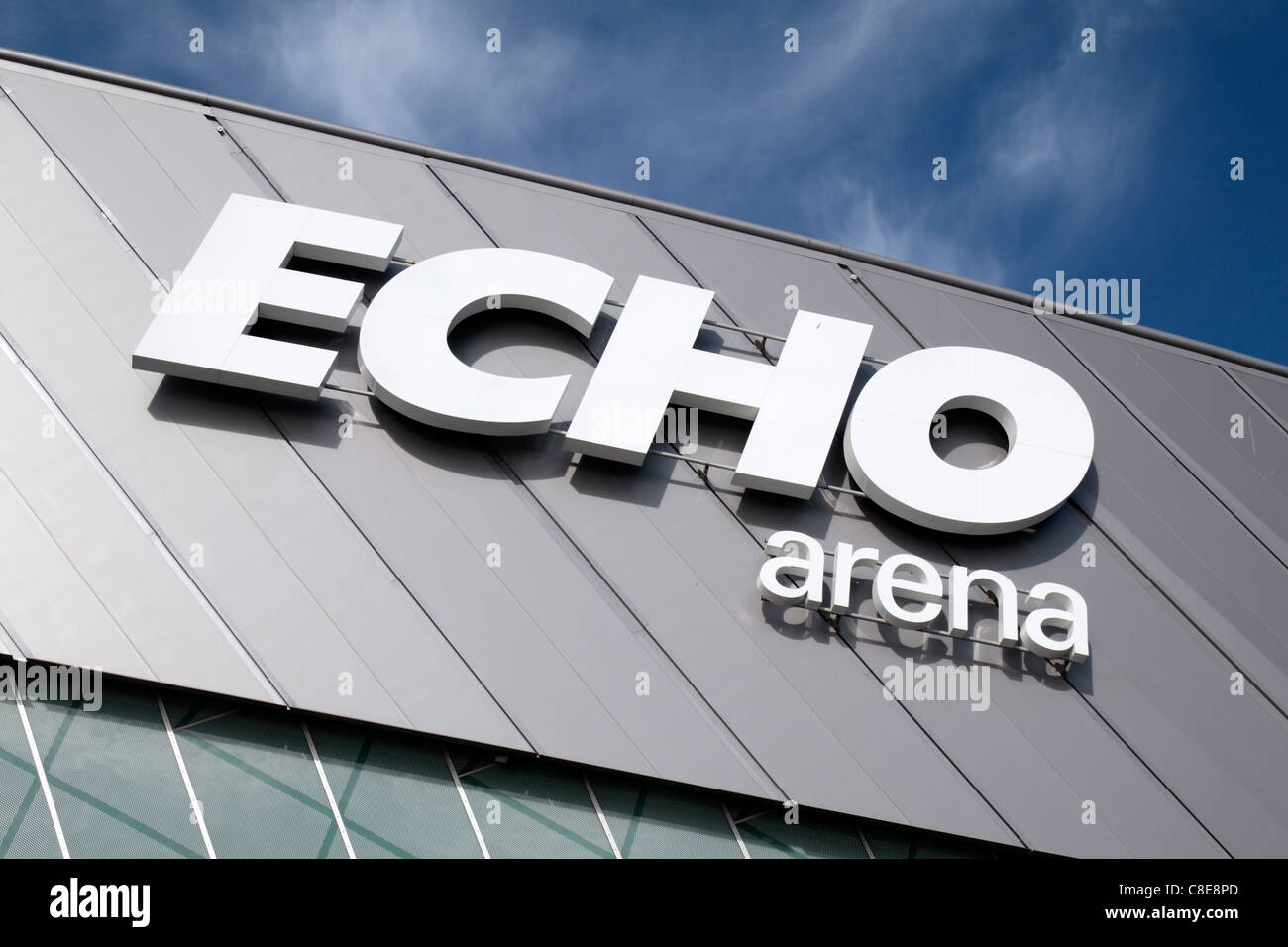 The Echo Arena Liverpool logo, King's Dock, Liverpool Waterfront, England. Stock Photo
