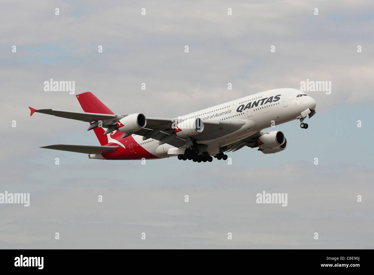 Qantas Airbus A380 superjumbo departing from Heathrow on a long haul intercontinental flight Stock Photo