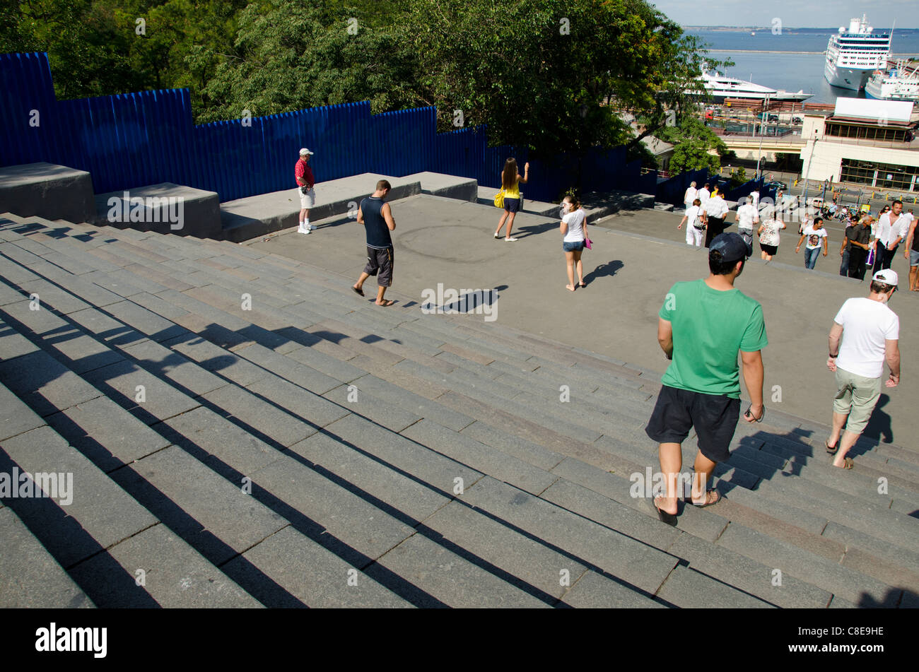 Ukraine, Odessa. Potemkin Steps, looking down the 192 steps from Primorsky Blvd. to the Black Sea cruise port terminal. Stock Photo