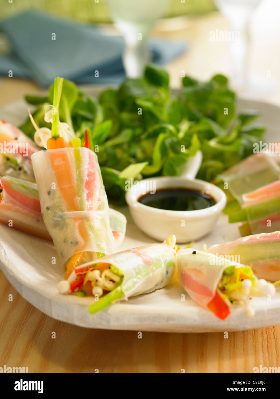 Rice sheets filled with young vegetables and soya sauce Stock Photo