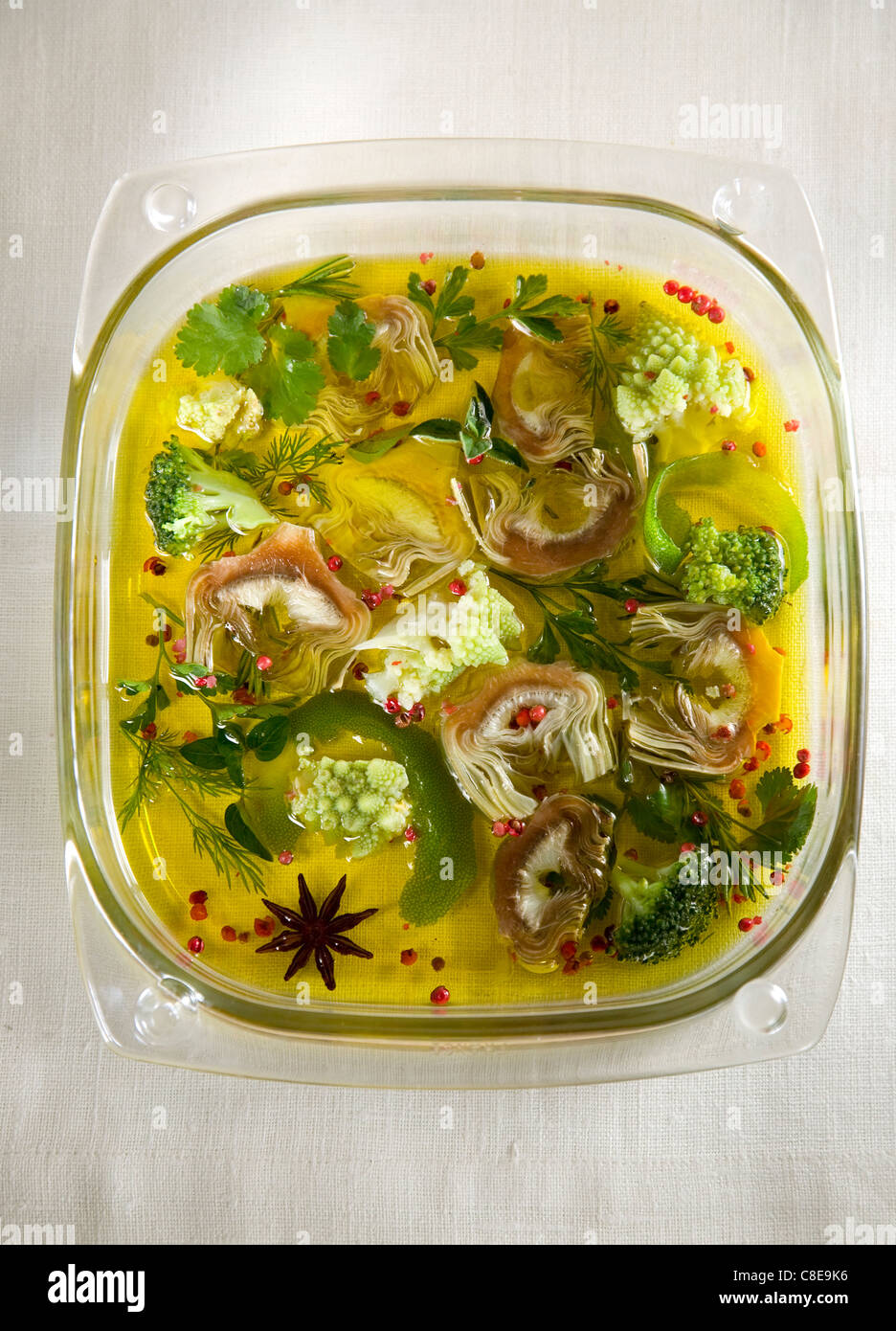 Green vegetables marinated en escabèche Stock Photo Alamy