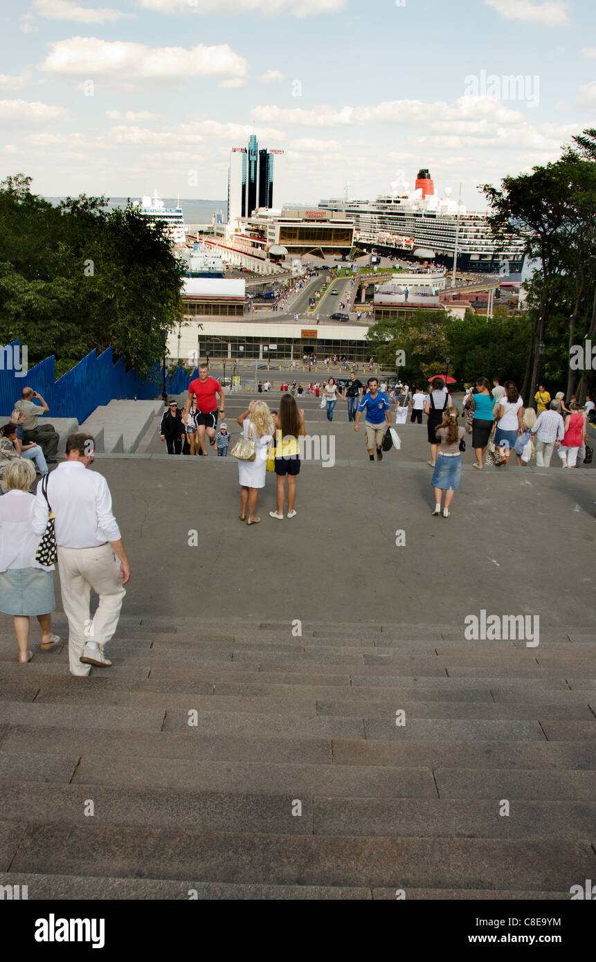 Ukraine, Odessa. Potemkin Steps, looking down the 192 steps from Primorsky Blvd. to the Black Sea cruise port terminal. Stock Photo