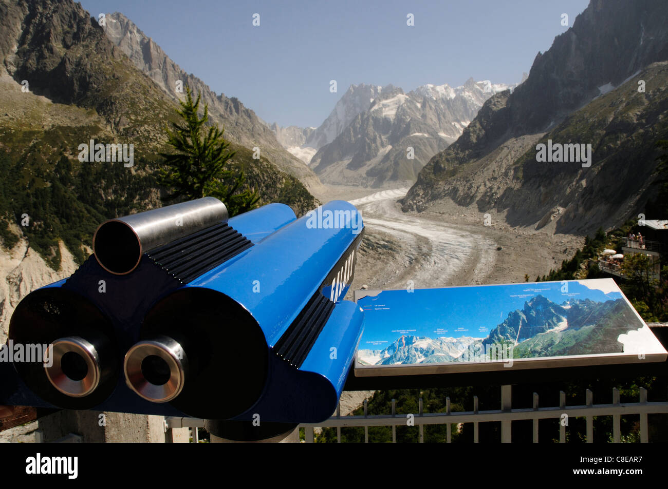 A telescope and the Mer de Glace at Montenvers near Chamonix in the French Apls Stock Photo