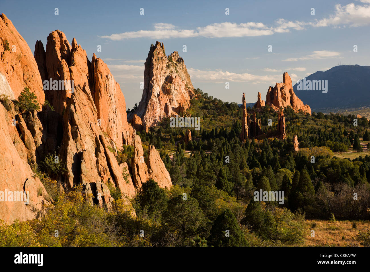 South Gateway Rock, Cathedral Spires and Three Graces, Garden of the Gods.  Nat'l Natural Landmark, Colorado Springs, Colorado Stock Photo