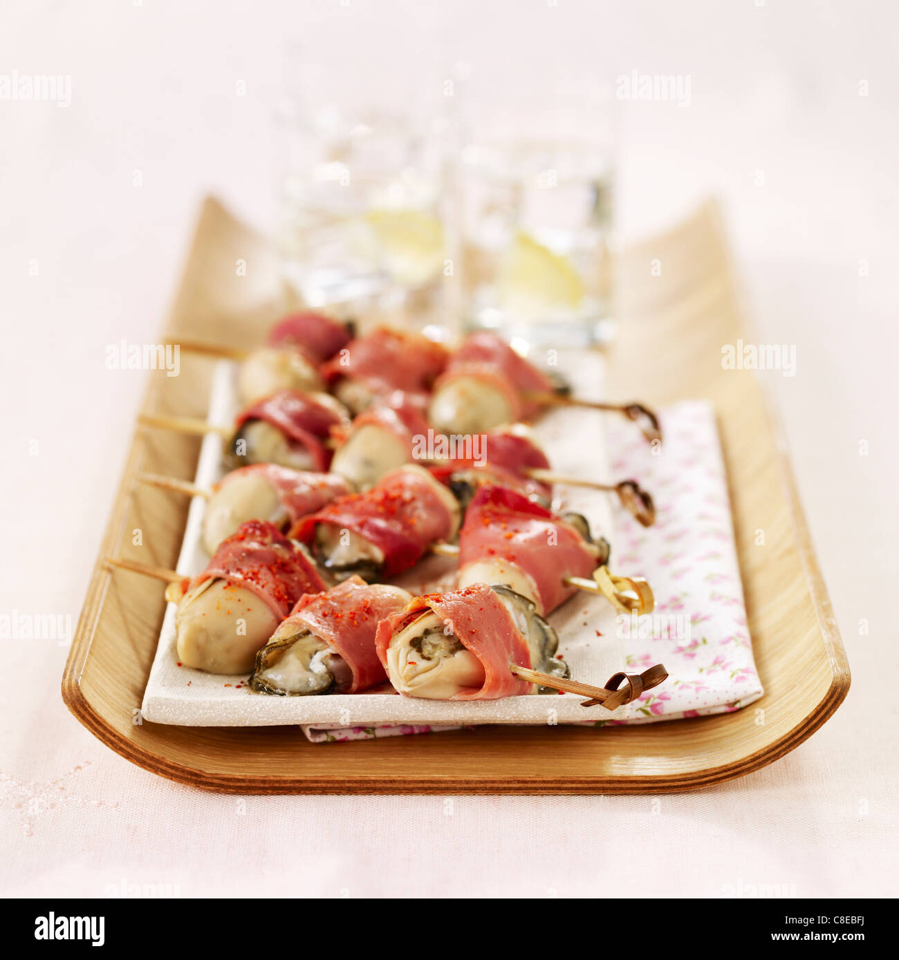 Oyster and Bayonne ham brochettes Stock Photo