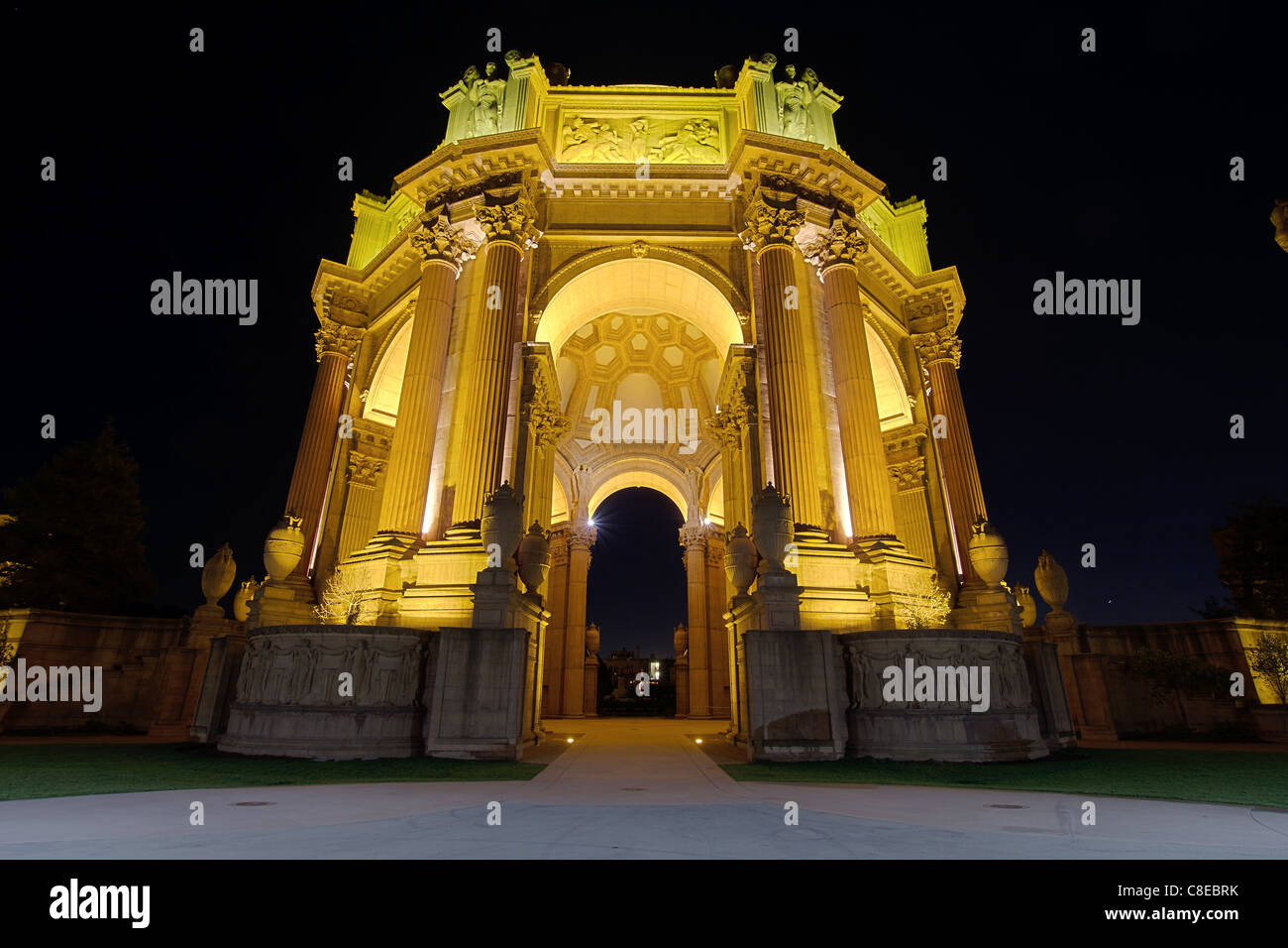 San Francisco Palace of Fine Arts Dome Monument Structure at Night Stock Photo