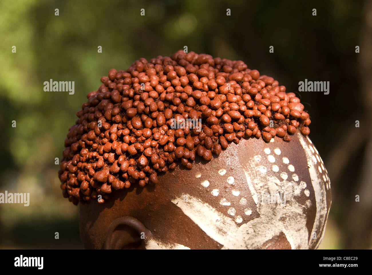 Elk200-5340 Ethiopia, Omo Valley, Murelle, Karo tribe, woman's hair details Stock Photo