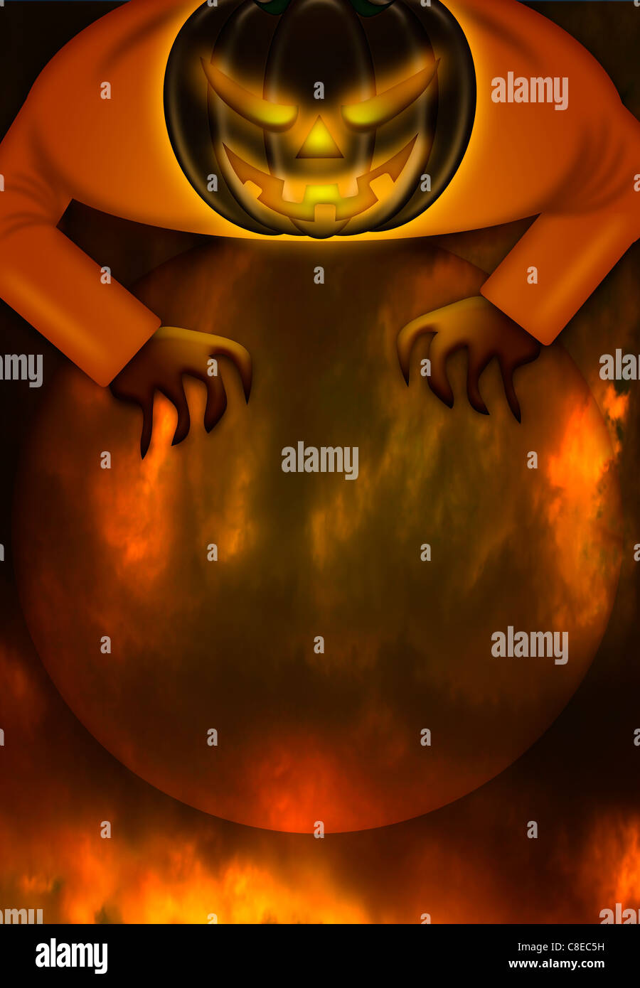 Halloween Jack O Lantern Over Fiery Spooky Moon Illustration Stock ...