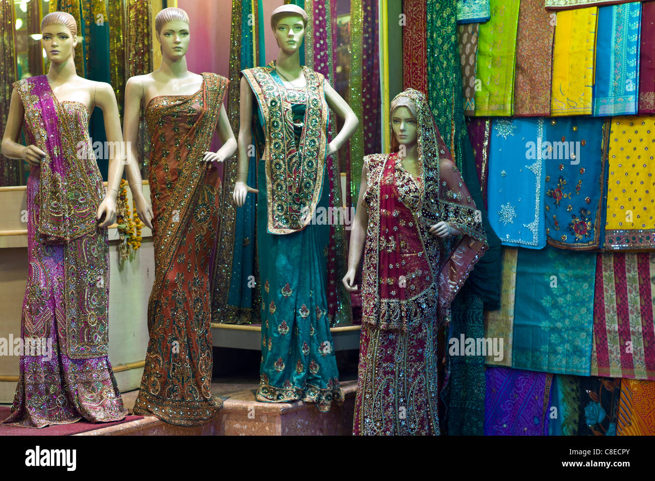 Sari clothes shop in city of Varanasi, Benares, Northern India Stock Photo