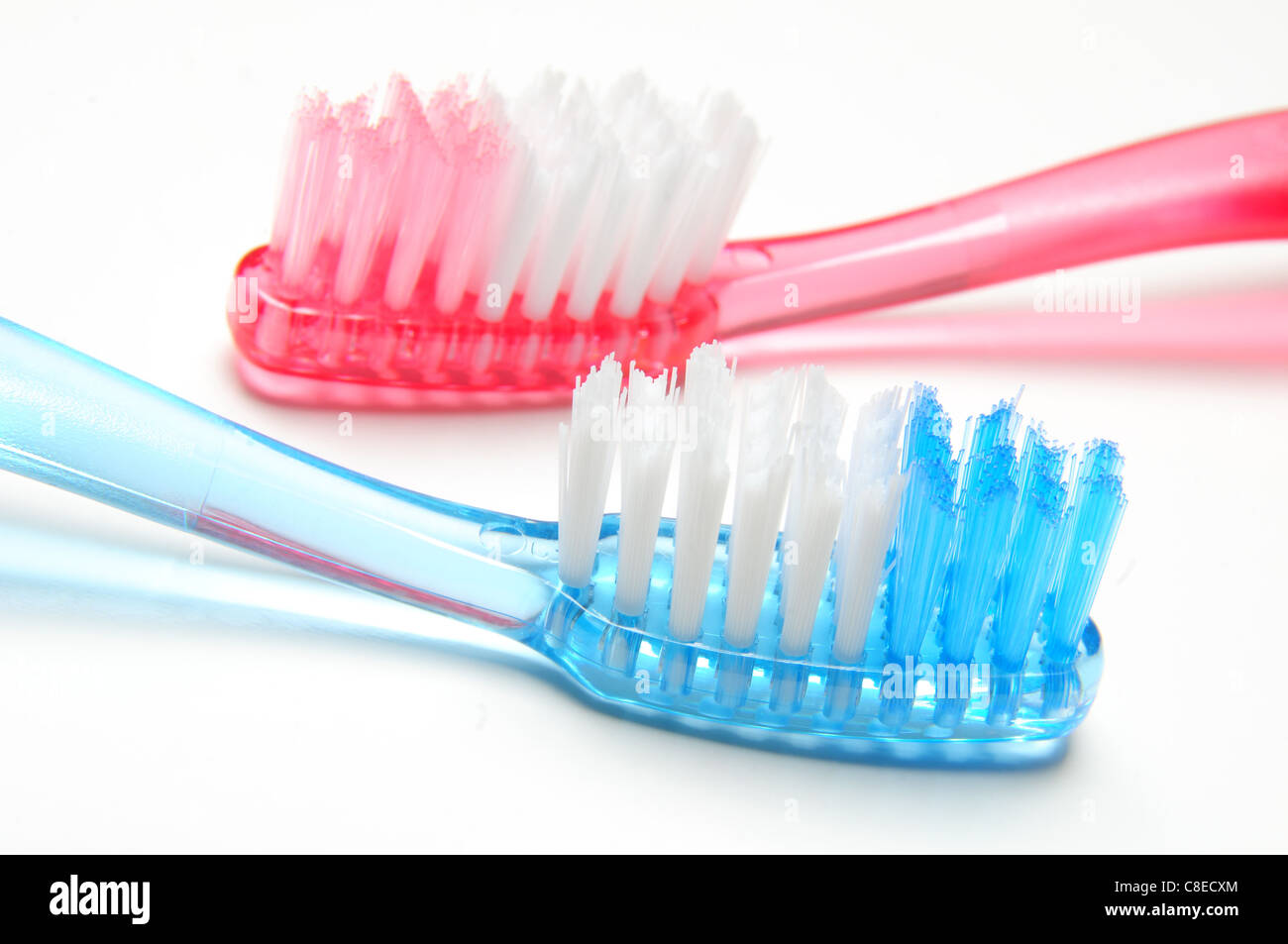 Two multicolored toothbrushes on white background Stock Photo - Alamy