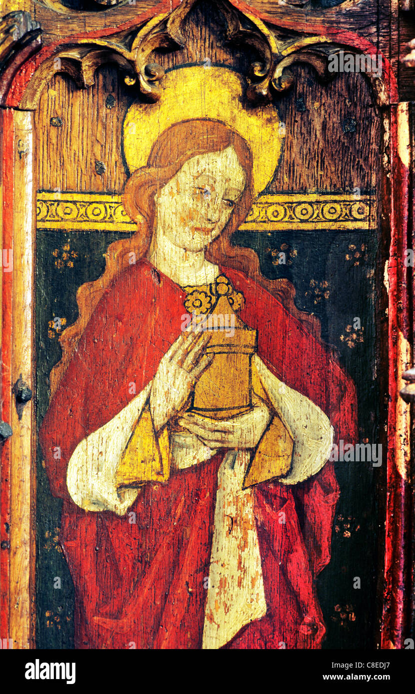 Ludham, Norfolk, rood screen, St. Mary Magdalene, holding jar of ointment male saint saints English medieval screens painting Stock Photo