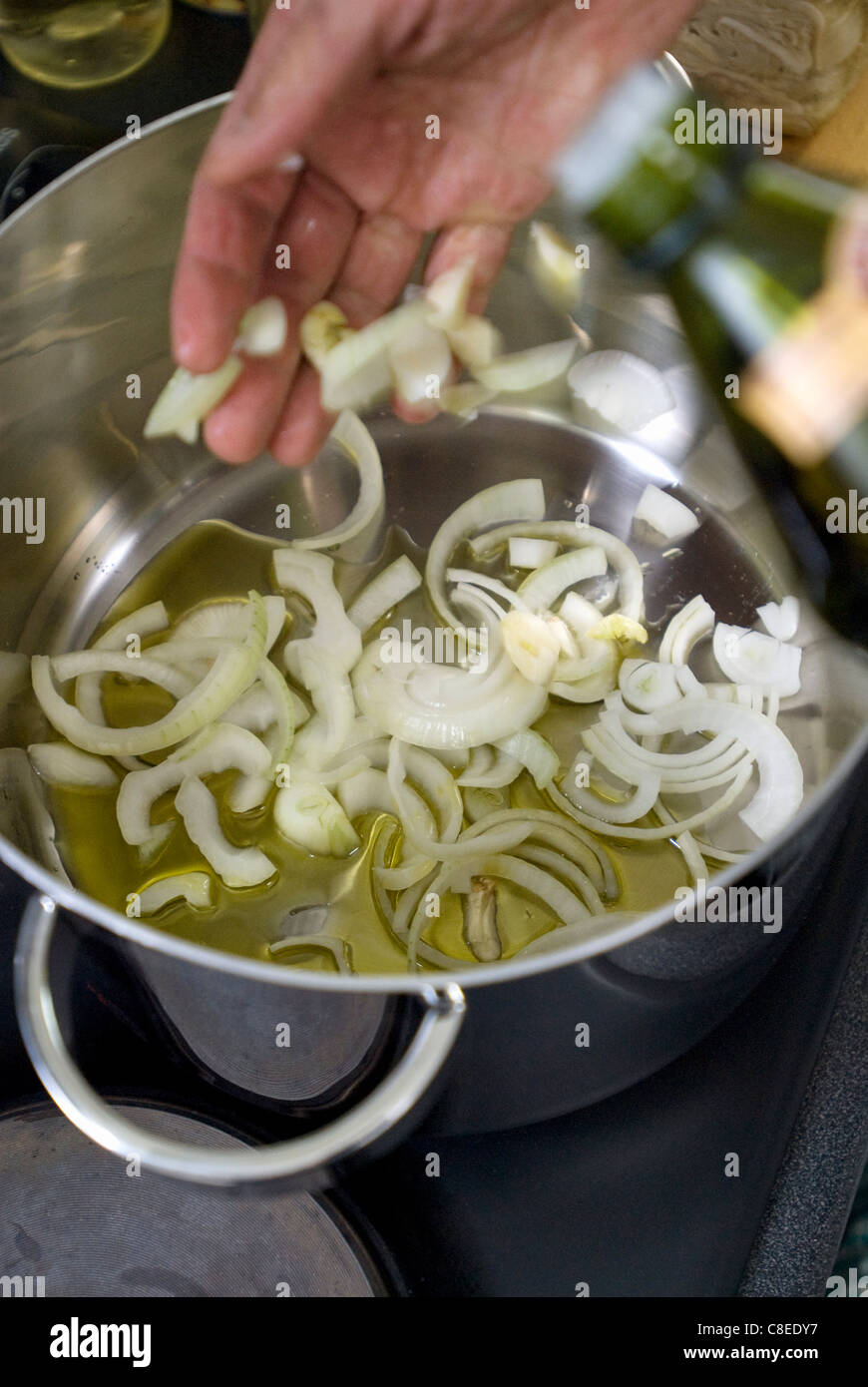 Browning the onions in a stew pot Stock Photo
