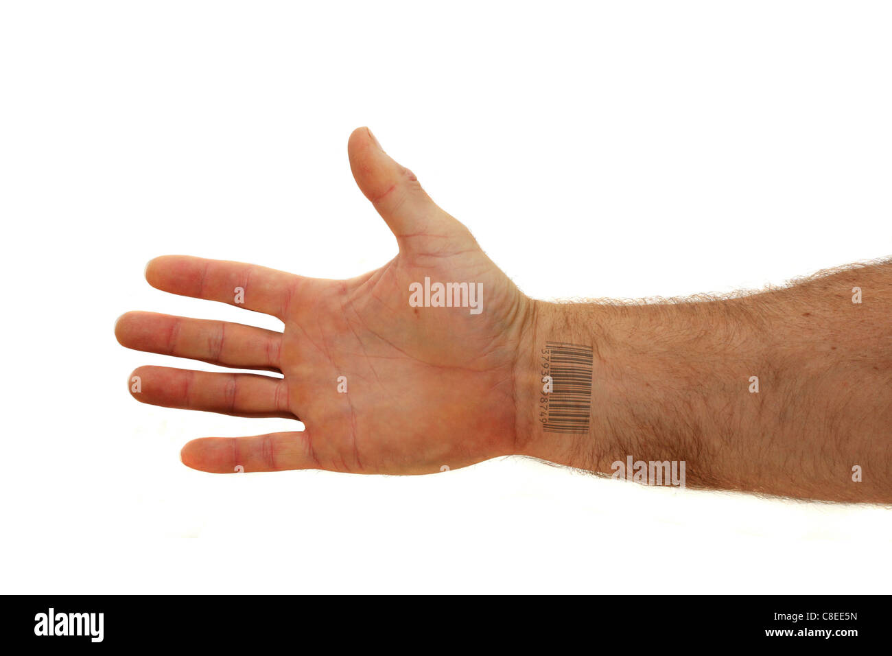 arm with bar code tattoo on the inside of the wrist isolated on white background Stock Photo