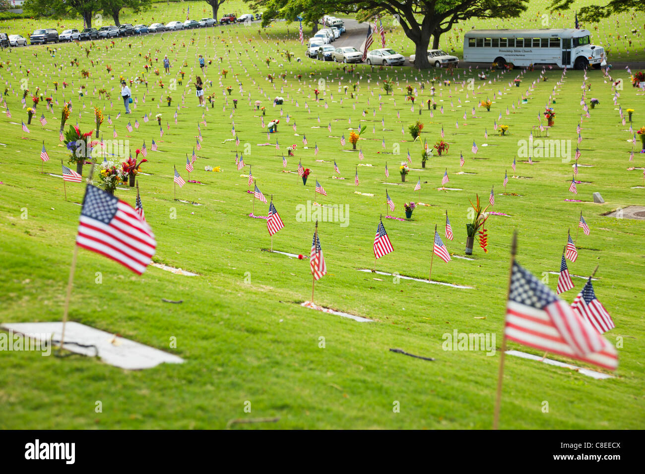 Punchbowl Cemetary on Memorial Day, Oahu, Hawaii Stock Photo