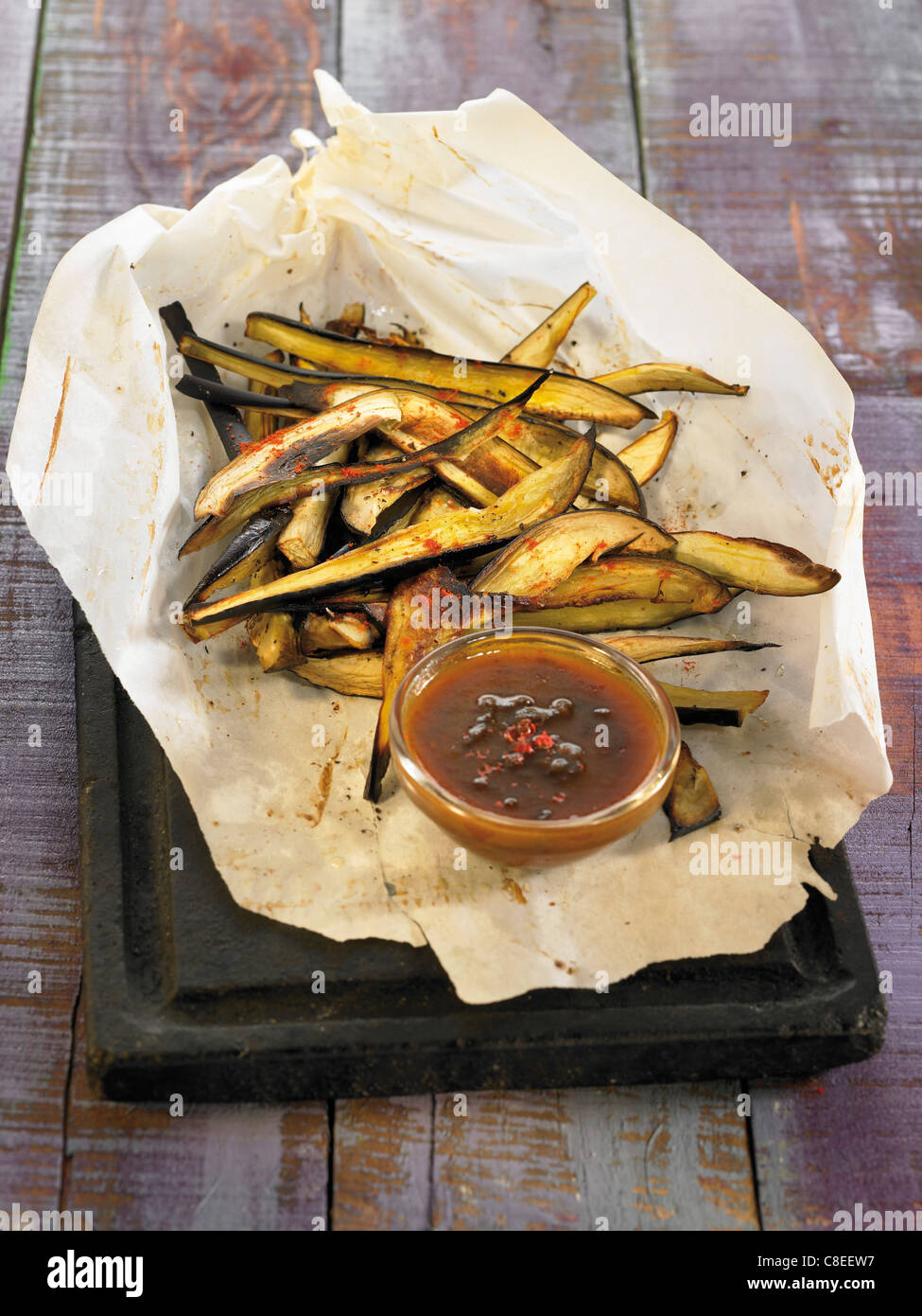 Spicy crisp fried eggplant strips Stock Photo
