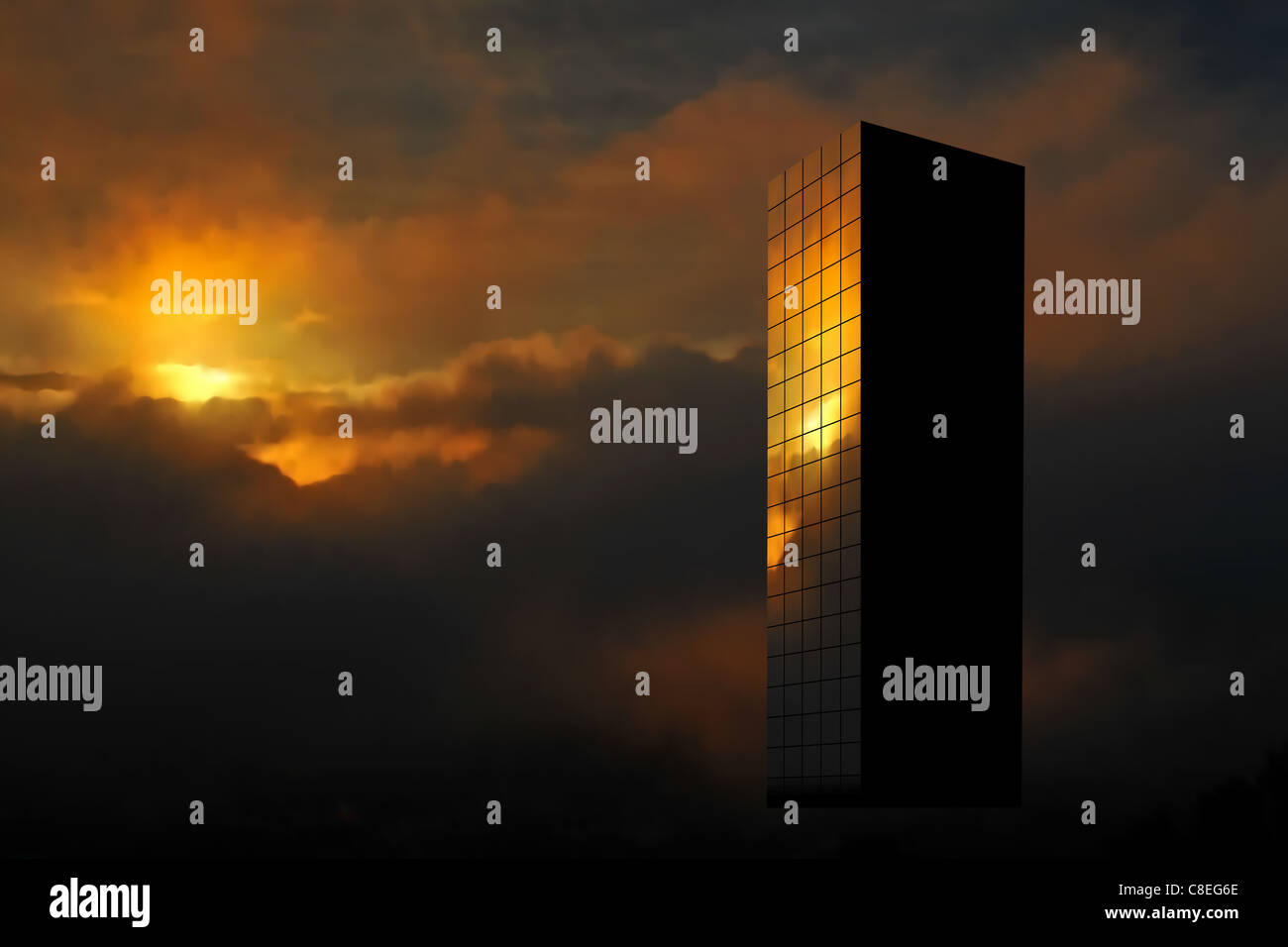 Illustration of a skyscraper reflecting the rising sun Stock Photo