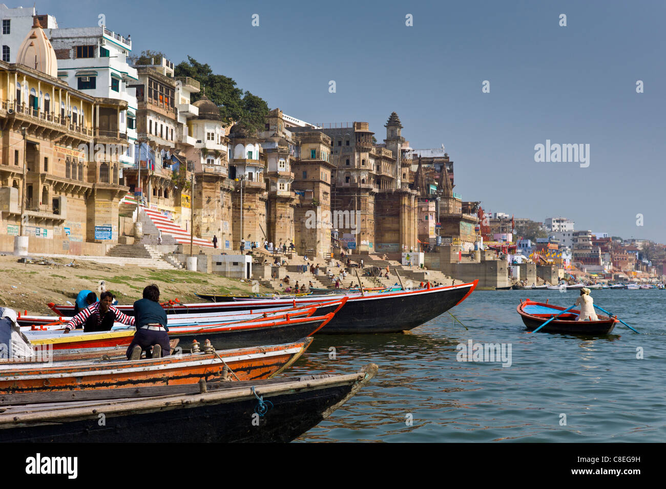 Boats in The Ganges River at Ranamahal Ghat and Chousatti Ghat in Holy City of Varanasi, Benares, India Stock Photo