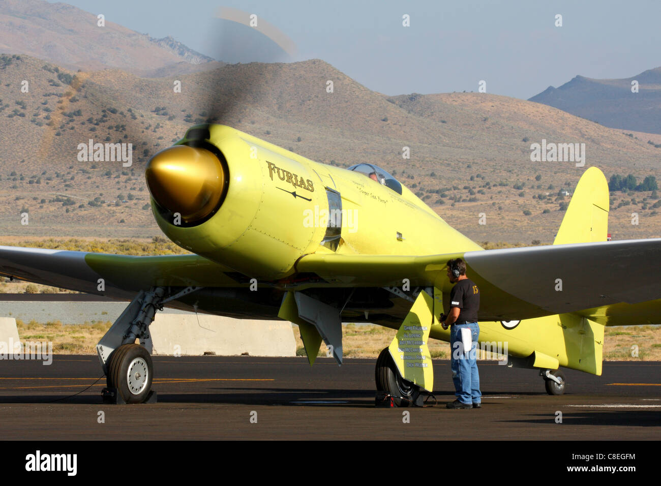 Hawker Sea Fury Furias does an engine test run during the 2011 Reno National Championship Air Races Stock Photo