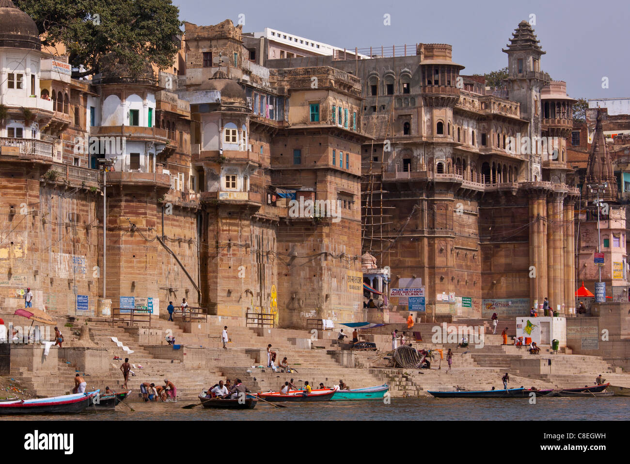 Rana Mahal Ghat on banks of The Ganges River in holy city of Varanasi, Northern India Stock Photo