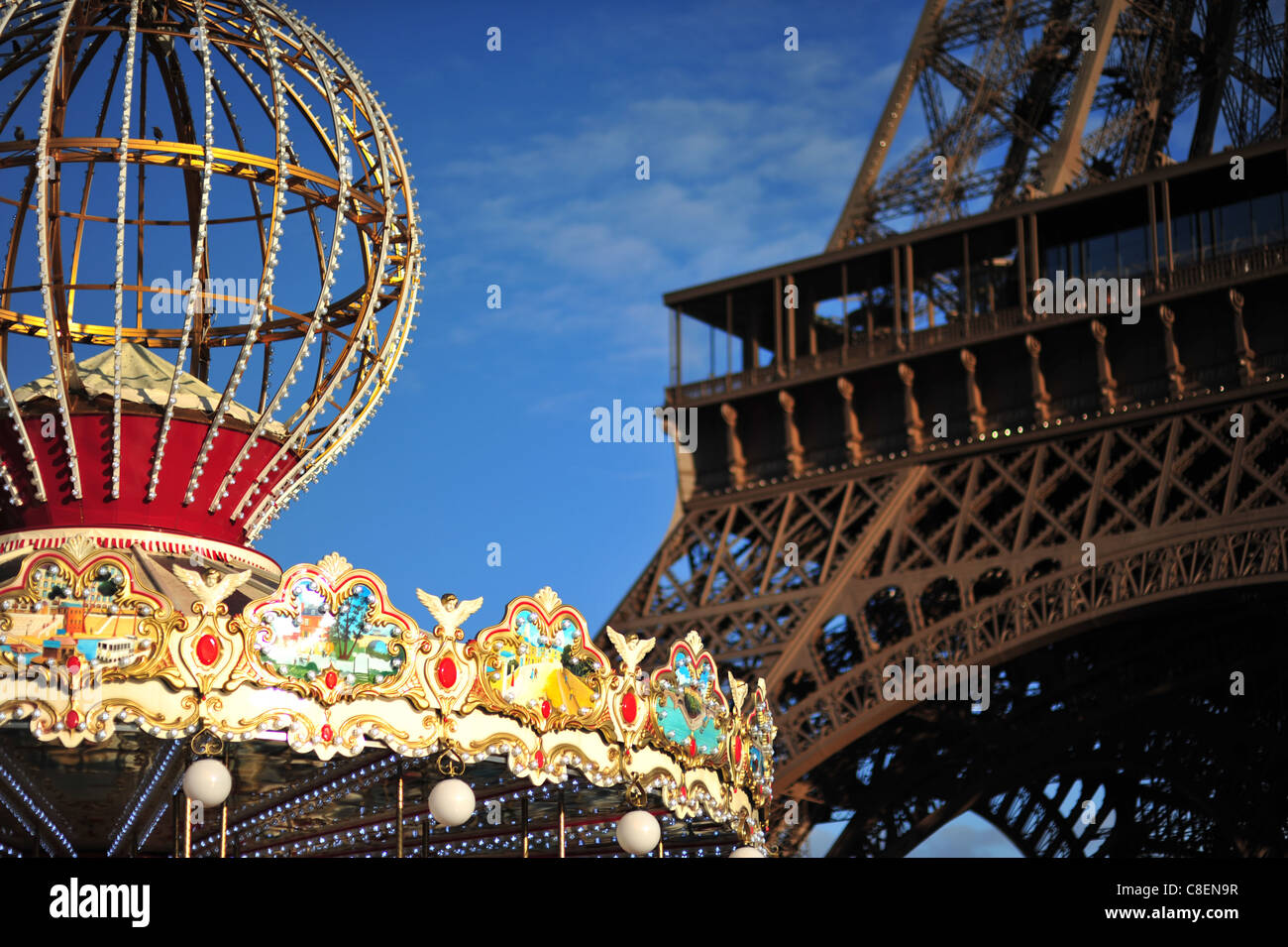 Paris Europe France, near Eiffel Tower, Tour Eiffel, classic, ancient merry-go-round, roundabout, carrousel Stock Photo