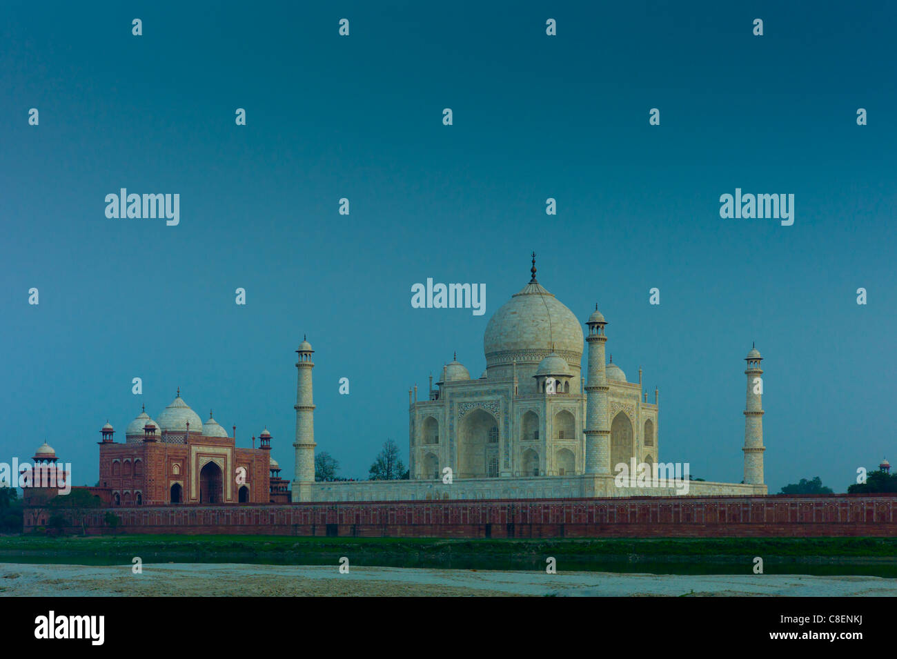 The Taj Mahal North Side viewed across Yamuna River at sunset , India Stock Photo