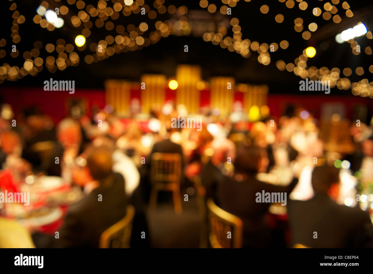 Abstract blurred background of diiner tables at large party or banquet Stock Photo