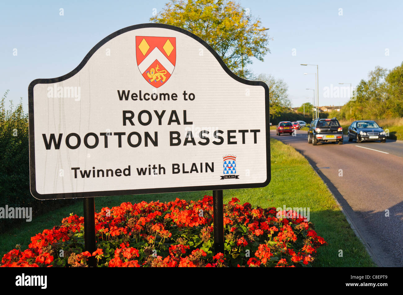 New road sign visitors to Royal Wootton Bassett Stock Photo