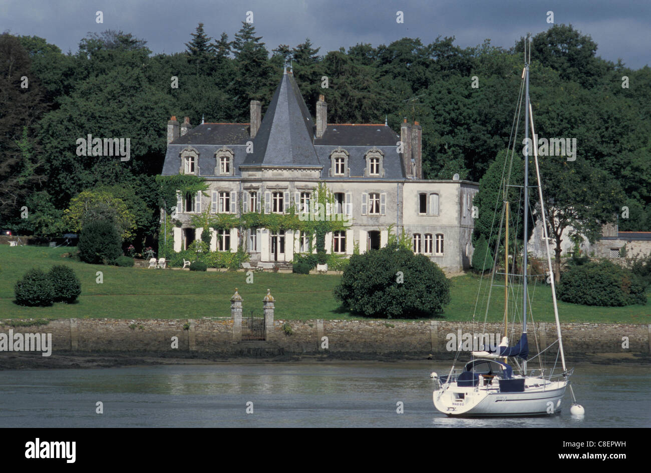 Chateau, Odet, river, Sail Boat, Brittany, France, Europe, river Stock Photo