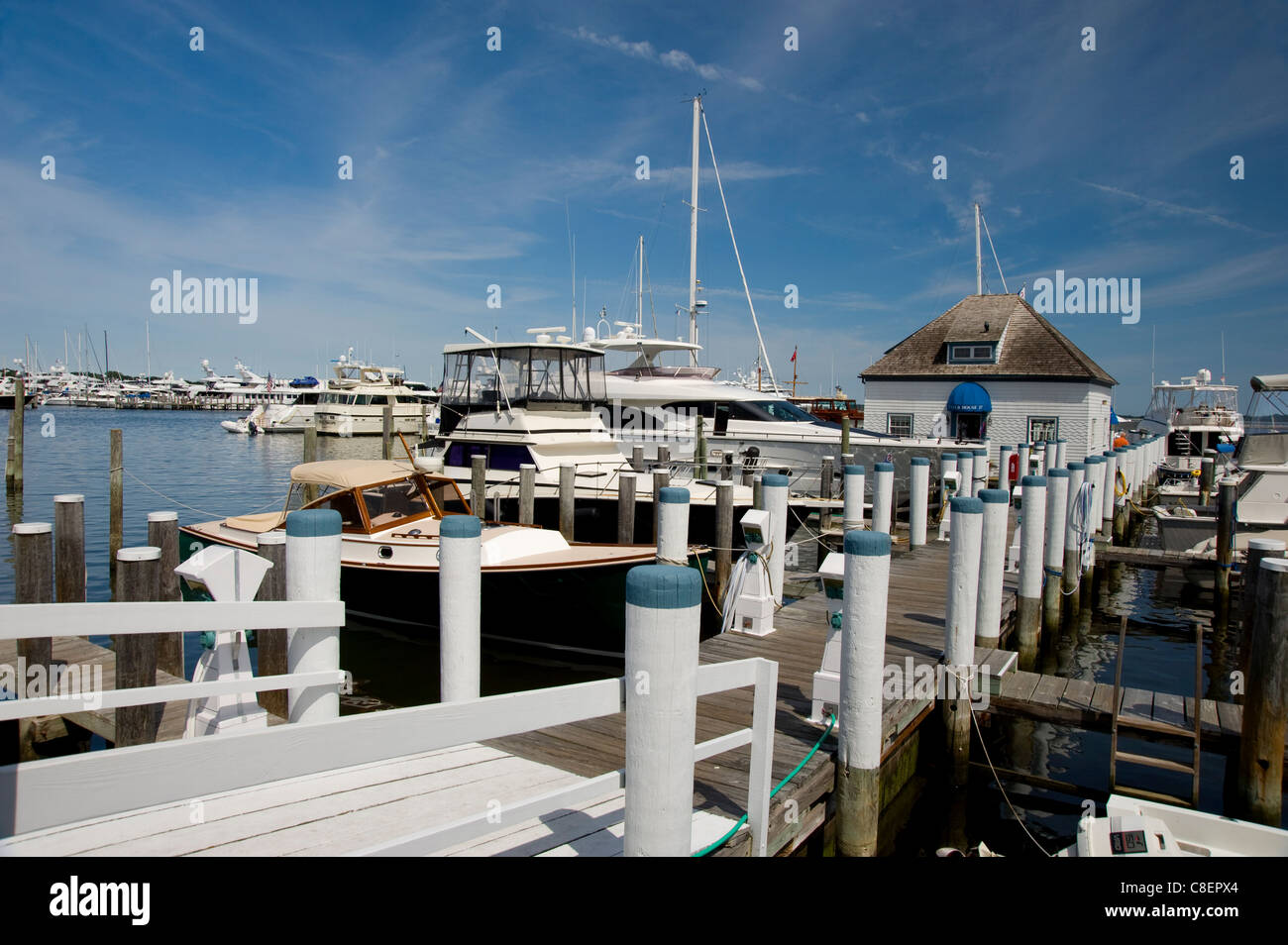 Boats around the yacht club in Sag Harbor, Long Island, New York State, United States of America Stock Photo