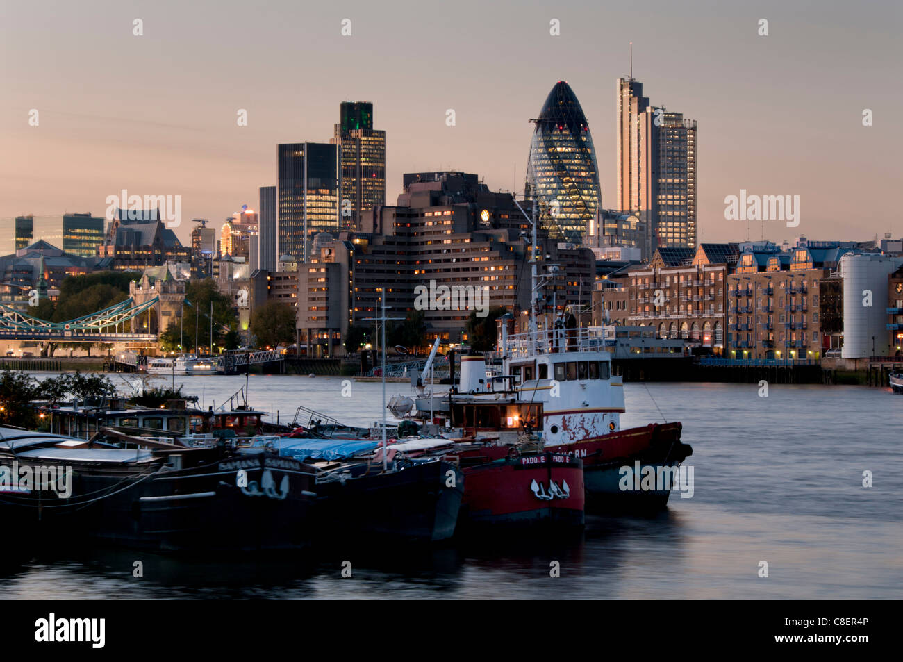 City skyline with Heron Tower at dusk, London, England, United Kingdom Stock Photo
