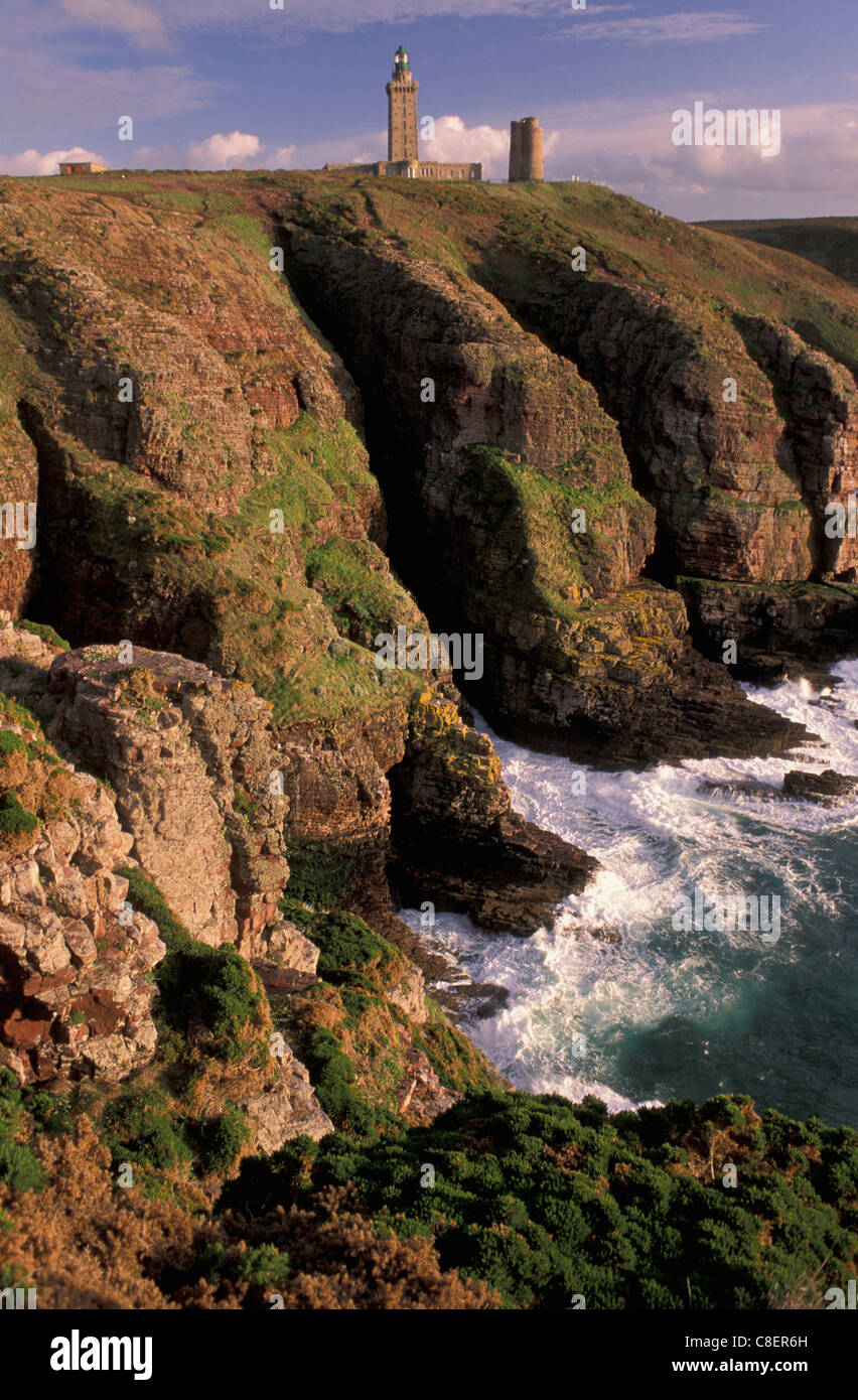 Sea, Cliffs, rocks, lighthouse, Cape Frehel, Brittany, Bretagne, France, Europe, Stock Photo