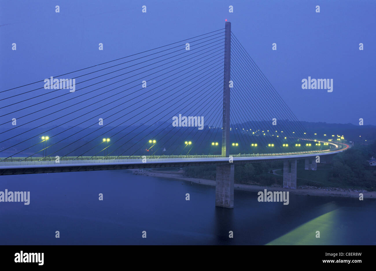 Pont Loupe, Brest, Brittany, Bretagne, France, Europe, bridge, suspension bridge, night Stock Photo