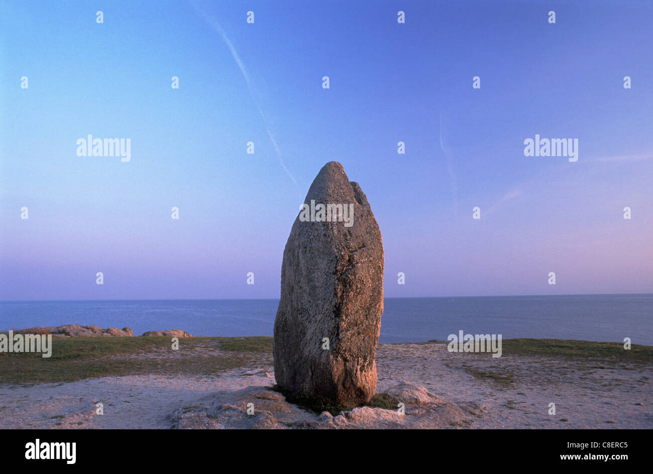 Menhir, sea, Le Croisic, Brittany, Bretagne, France, Europe, stone, megalith Stock Photo