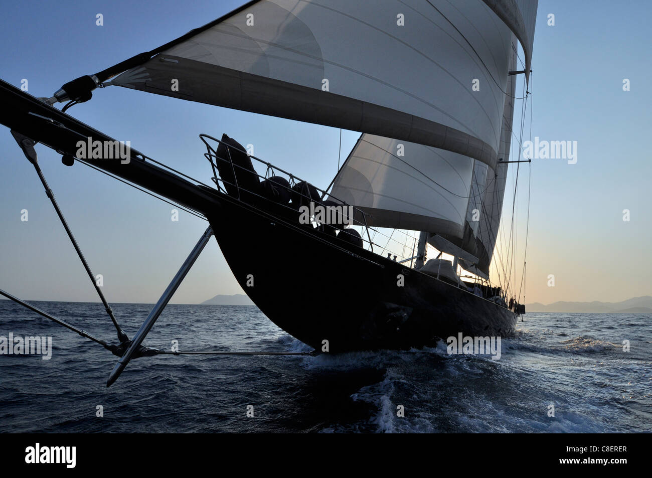 black classic style wooden sailboat, sailing at the Mediterranean sea Stock Photo