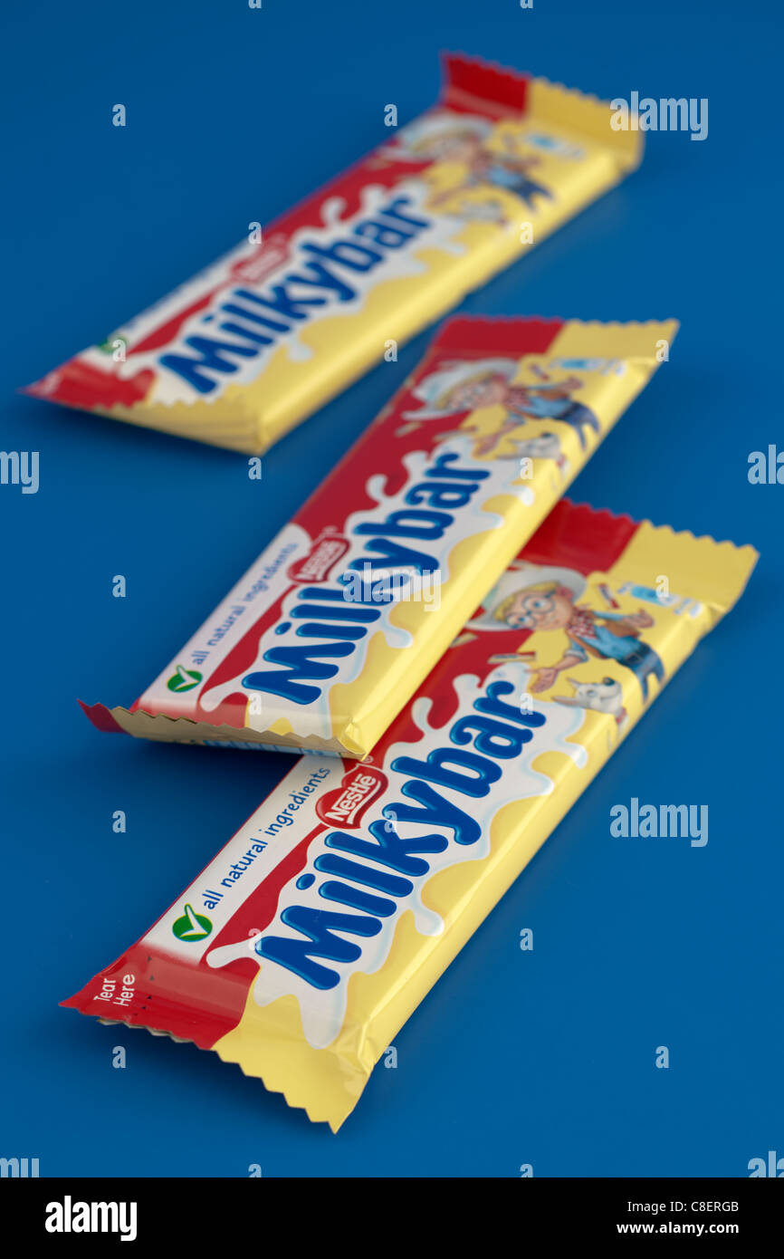 Three small bars of Nestle Milky bar white chocolate Stock Photo