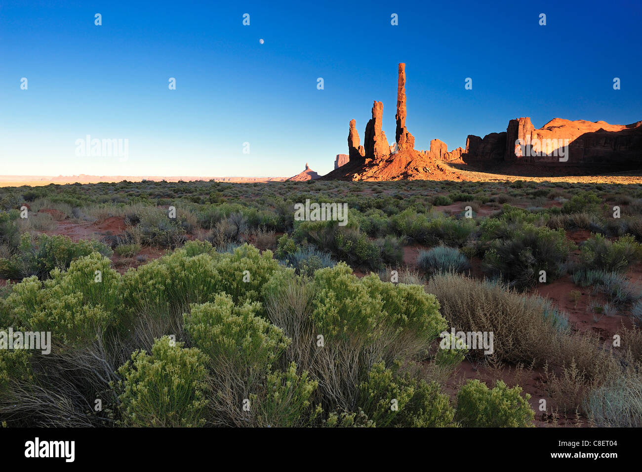 Desert scenery, sunset, Totem pole, Navajo, rock, Indian Reservation, Monument Valley, Tribal Park, Arizona, USA, United States, Stock Photo