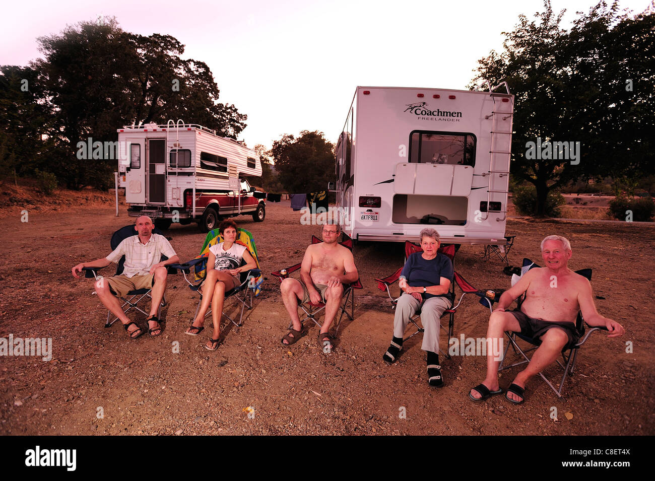 Family, sitting, RV, Camper at Campground, Lake Berryessa, Recreation