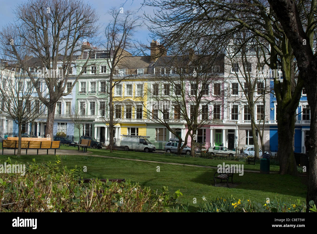 The pastel-coloured houses of Chalcot Square, near Primrose Hill, London, England, United Kingdom Stock Photo