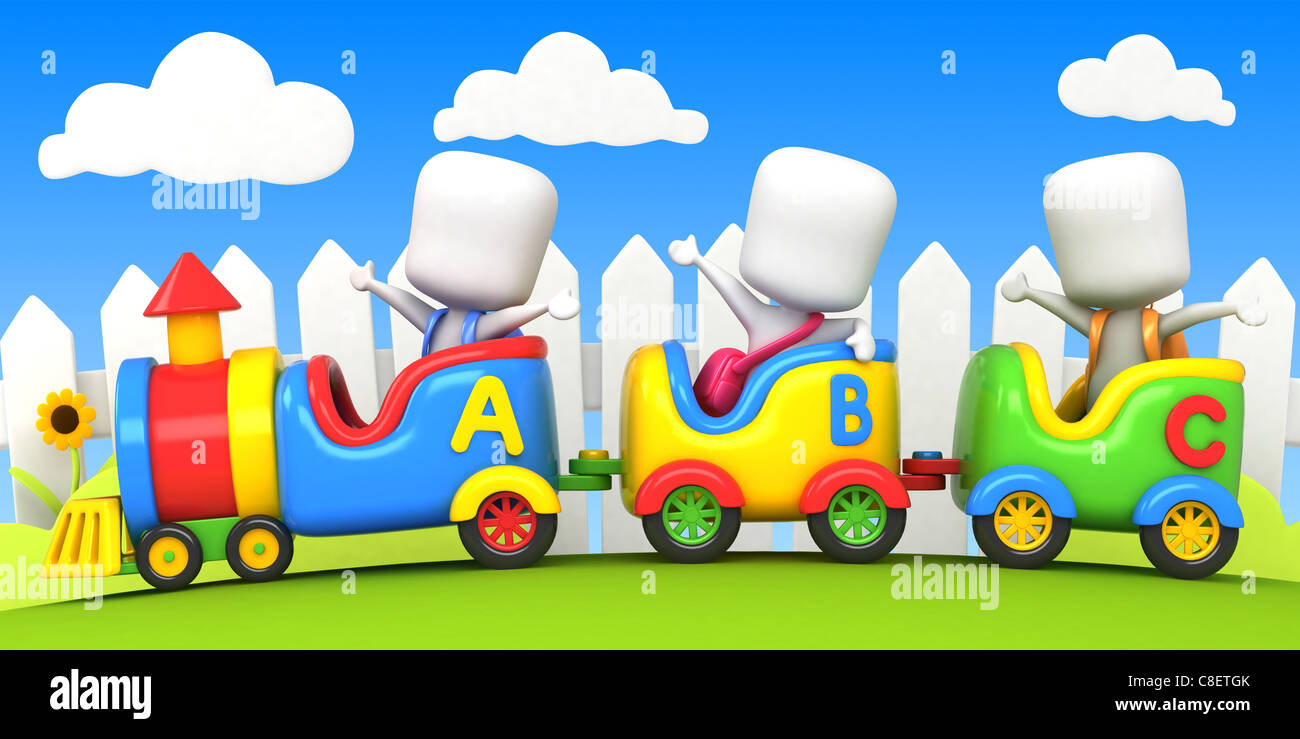 3D Background Illustration Featuring Kids on a Toy Train Stock Photo