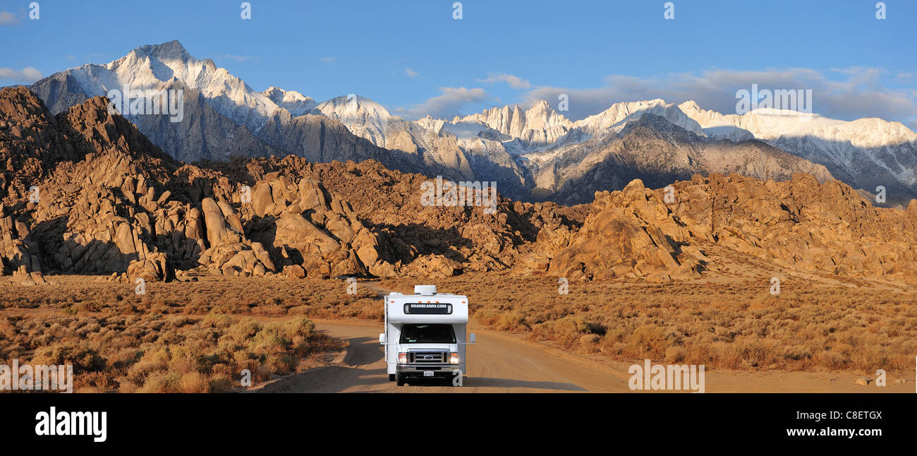 RV, Camper, Alabama Hills, Lone Pine, California, USA, United States, America, road, landscape Stock Photo