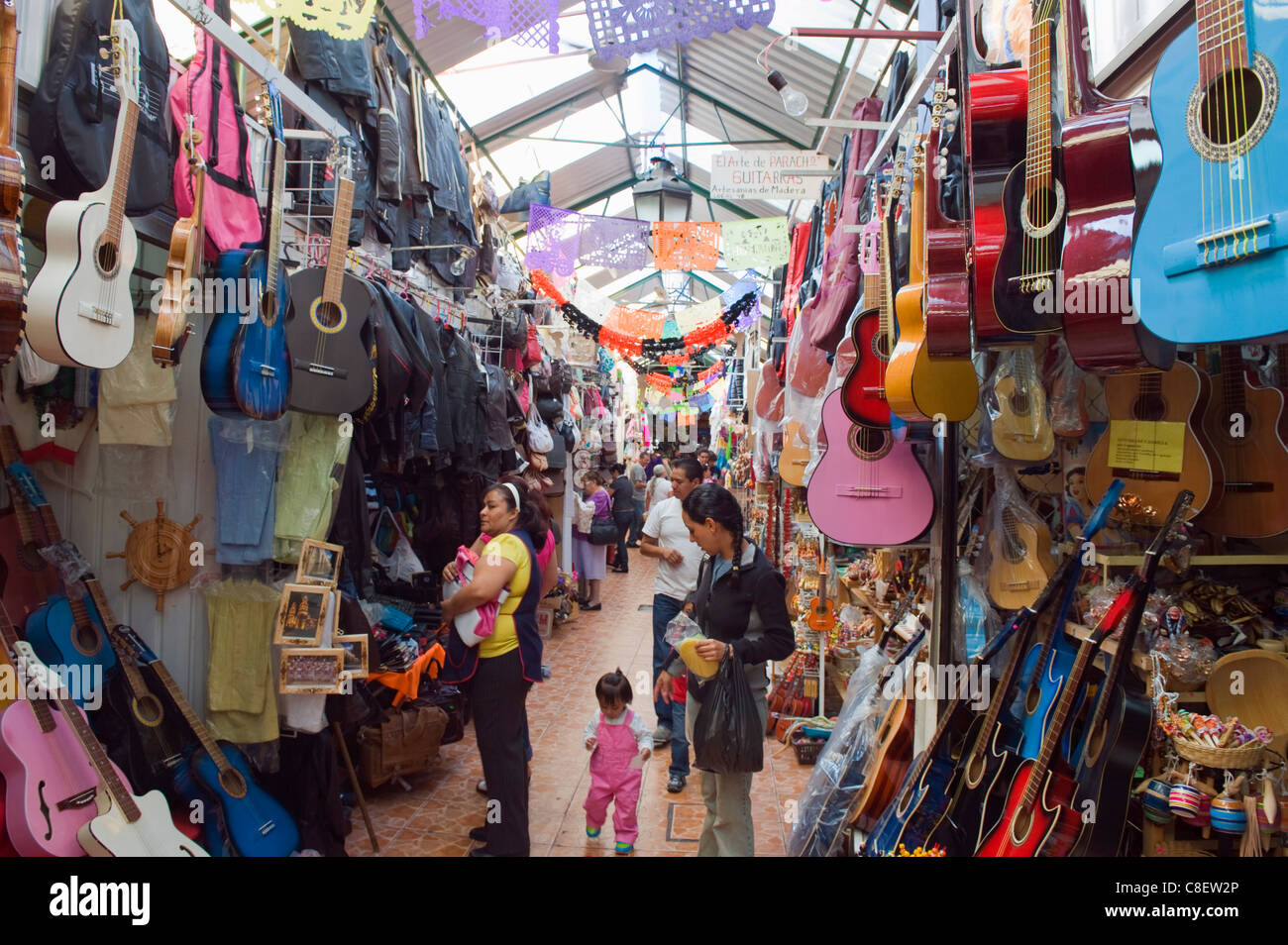 Guitars for sale in market, Mercado de Dulces, Morelia, Michoacan state