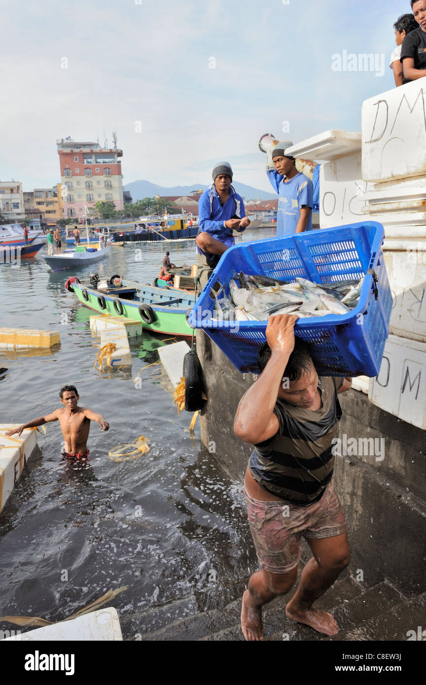 Young asian men unloading fish from boats at port Stock Photo