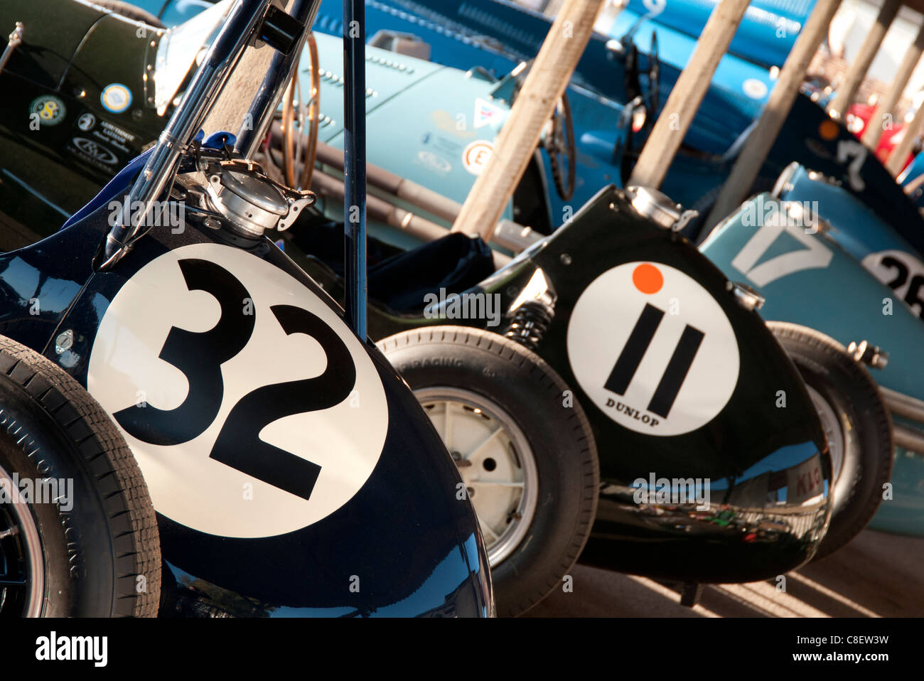 racing cars in the paddock at the Goodwood Revival race meeting Stock Photo