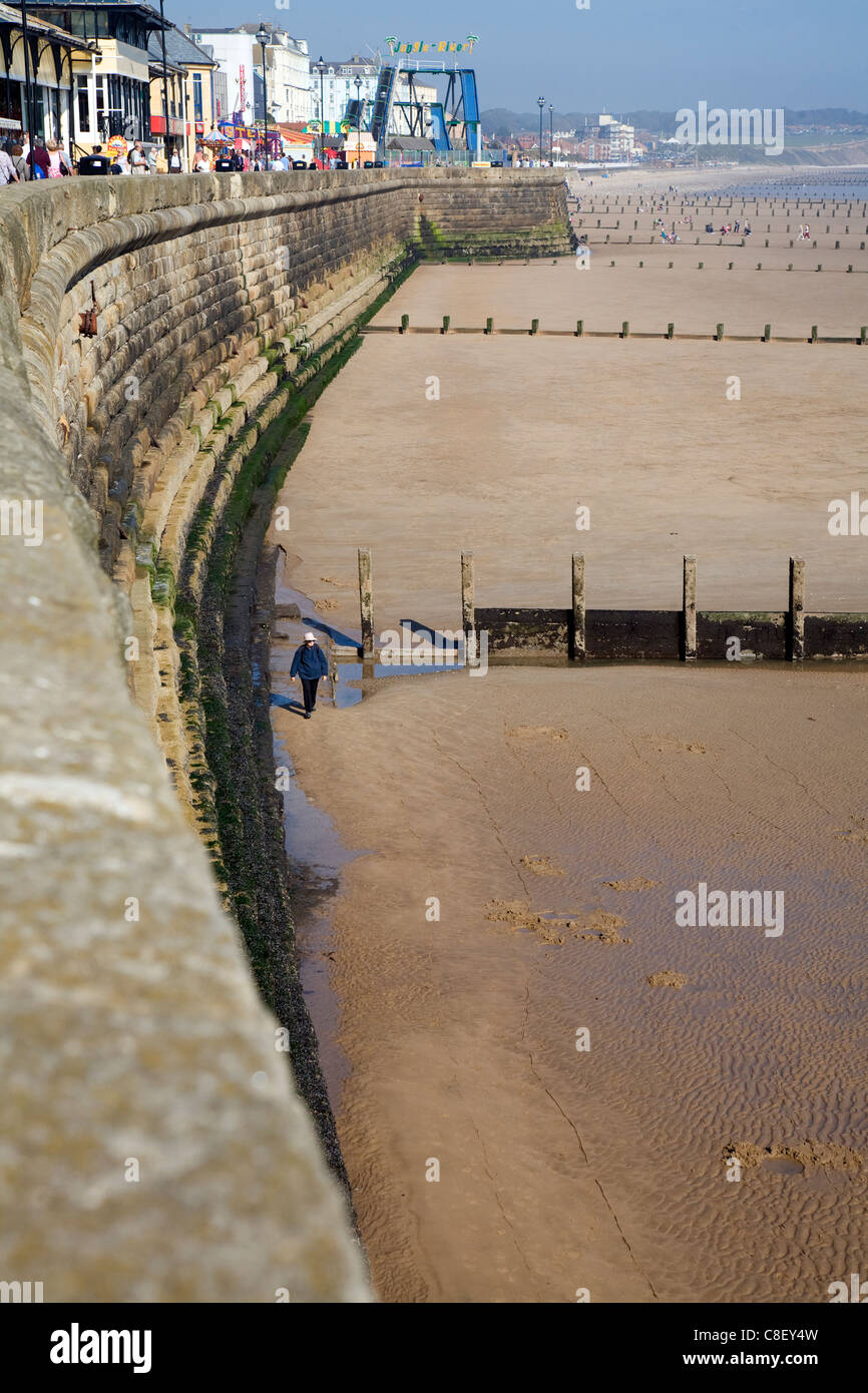 Sea wall, groynes and sandy beach Bridlington, Yorkshire, England Stock