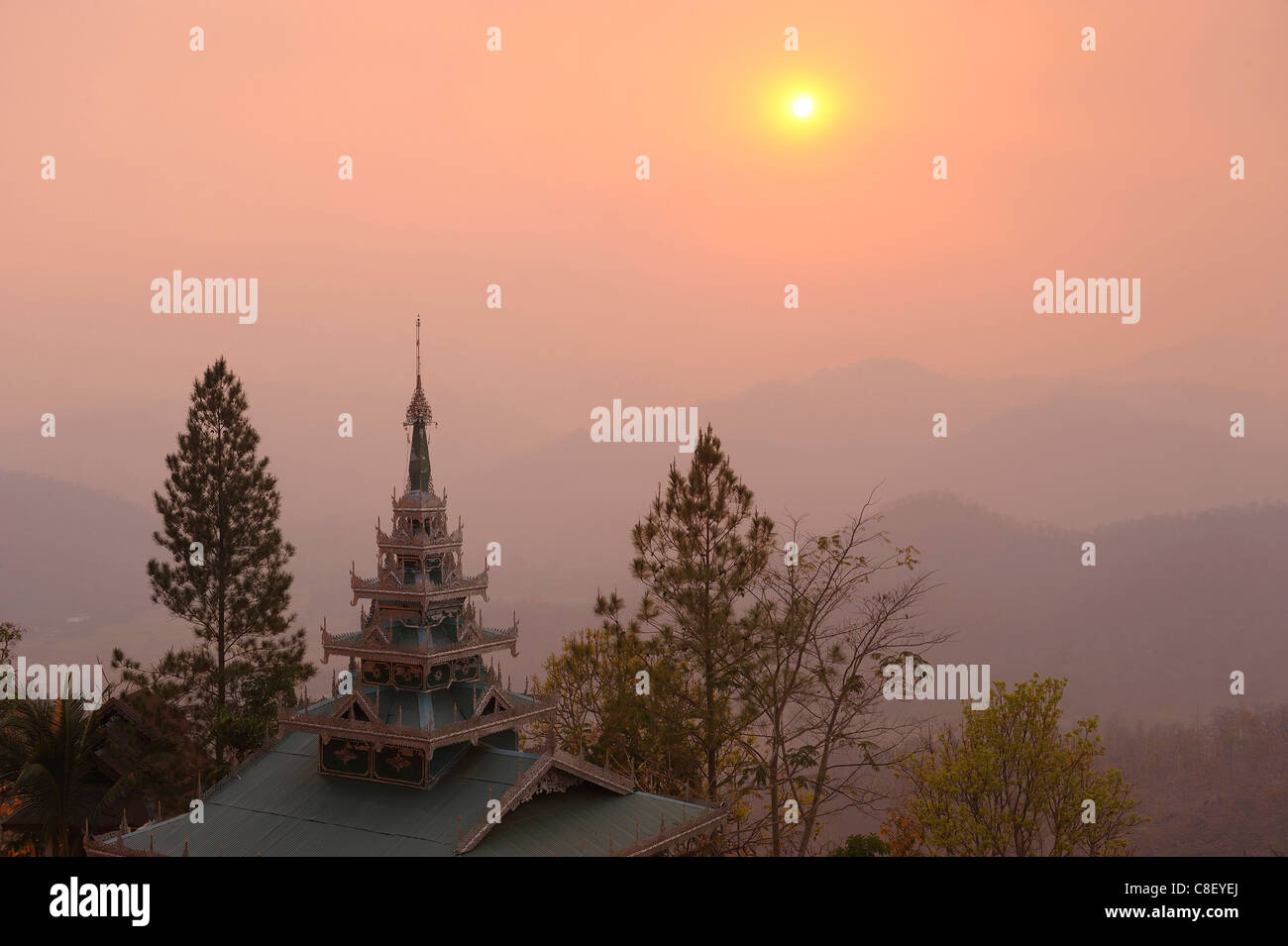 Sunset, view, Pagoda, hill, Wat Phra That Doi Kong Mu, Mae Hong Son, Thailand, Asia, temple Stock Photo