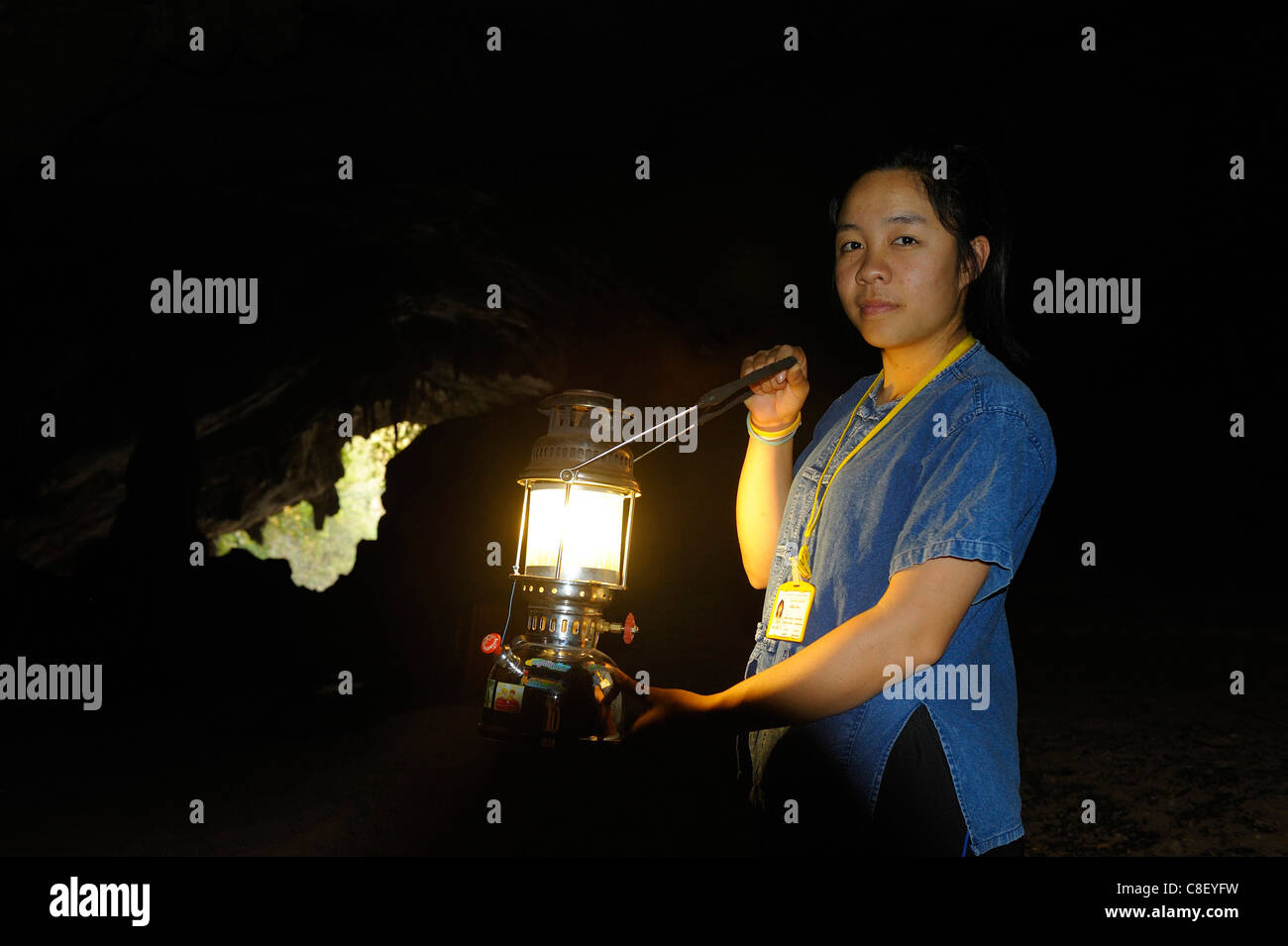 Cave, Tham Lod, Thailand, Asia, woman, lamp, cavern Stock Photo