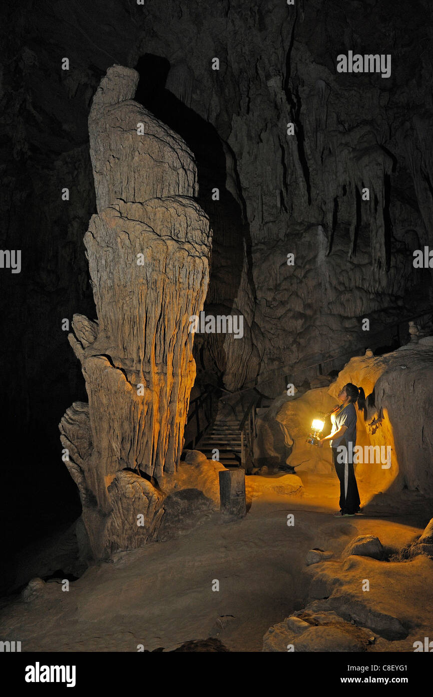 Cave, Tham Lod, Thailand, Asia, woman, lamp, cavern Stock Photo