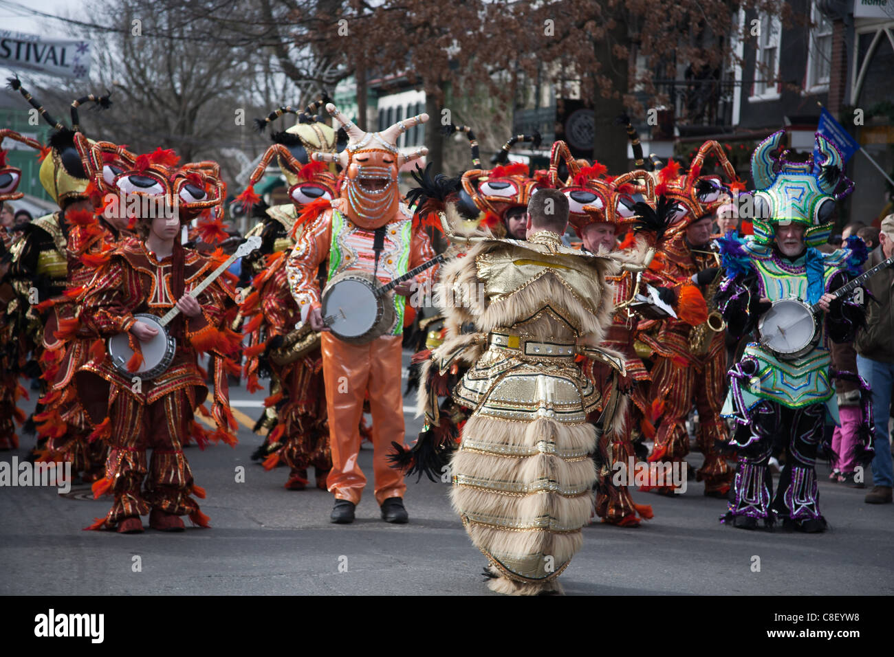 Mummers marching in the Winter Festival parade in New Hope Pennsylvania